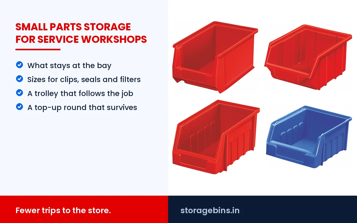 Small parts storage for service workshops and garages