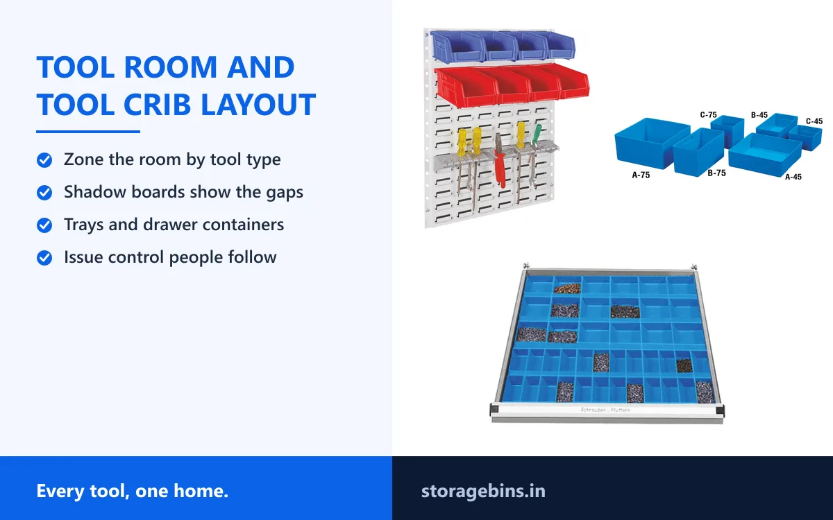 Tool room and tool crib organisation with trays, bins and louvre panels
